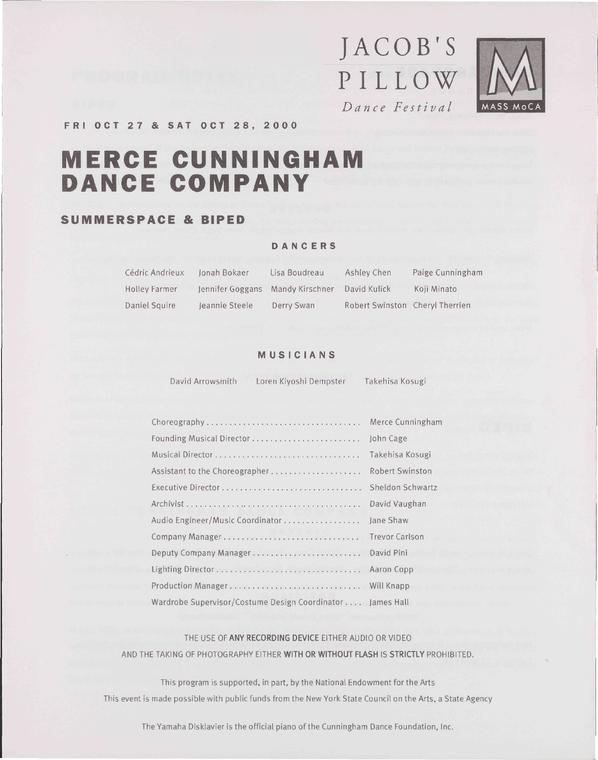 Merce Cunningham Dance Company Performance Program 2000
