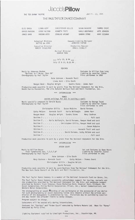 Paul Taylor Dance Company Performance Program 1985