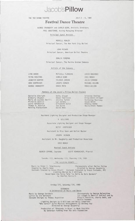 Festival Dance Theatre Performance Program 1985