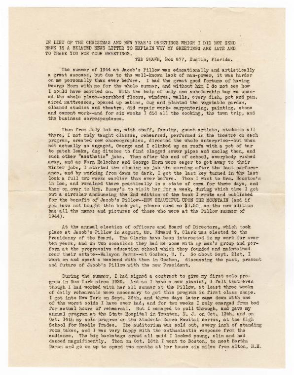 Ted Shawn First Annual Newsletter Covering 1944