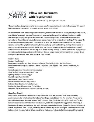 Faye Driscoll Pillow Lab Program 2022